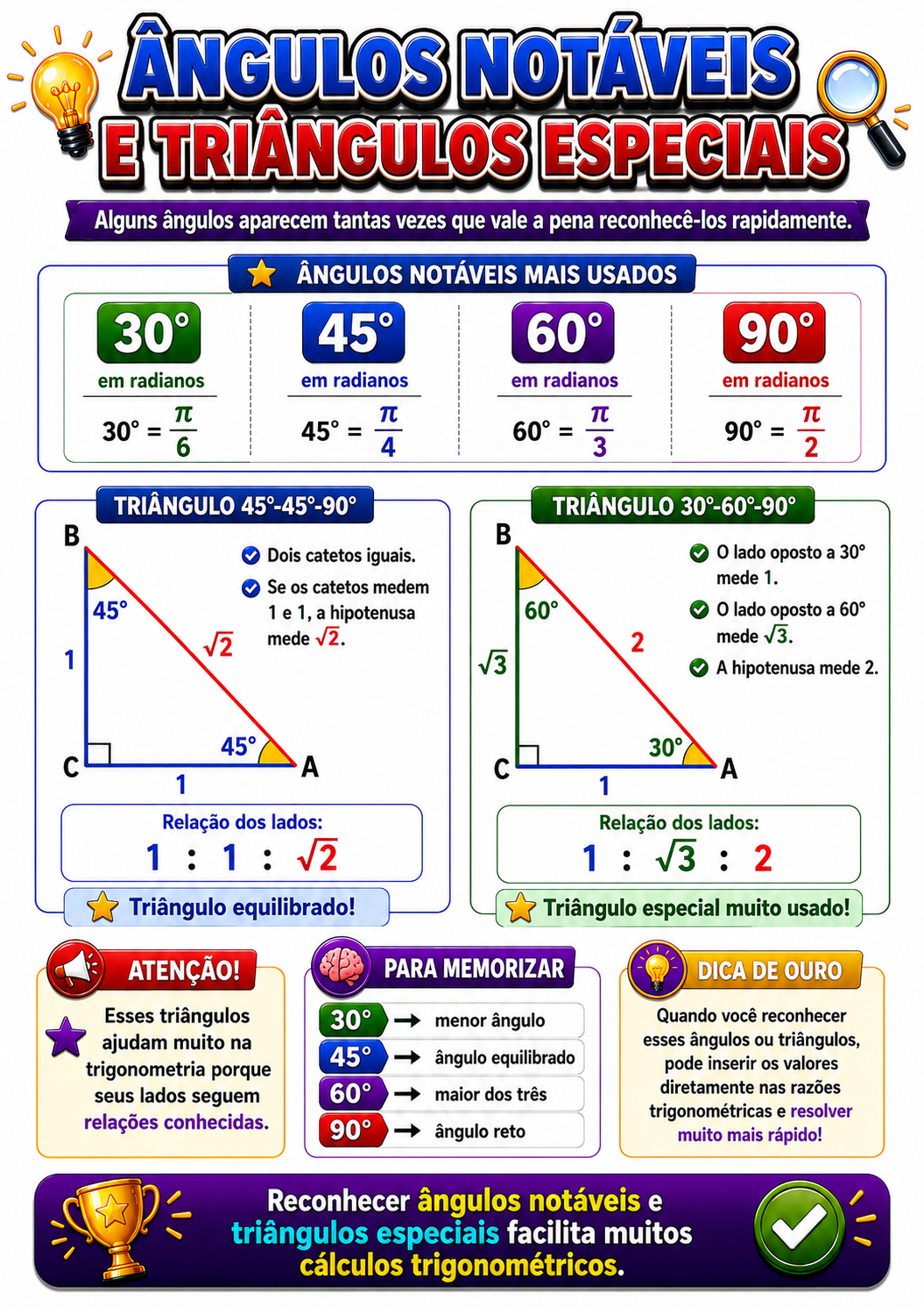 Página visual de trigonometria: Ângulos notáveis e triângulos especiais