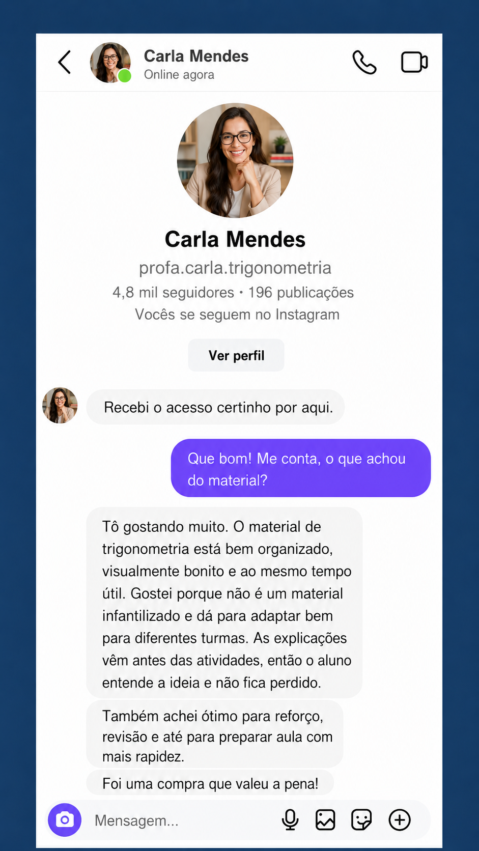 Depoimento em mensagem direta do Instagram sobre Trigonometria Visual
