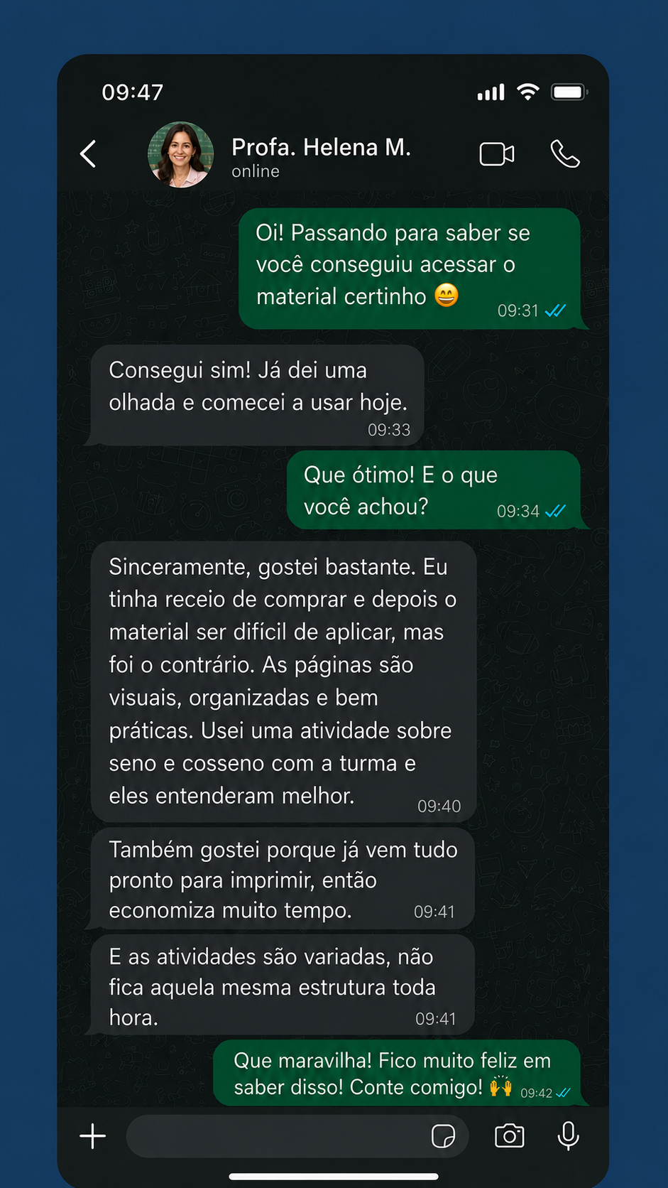 Depoimento em conversa no WhatsApp sobre Trigonometria Visual