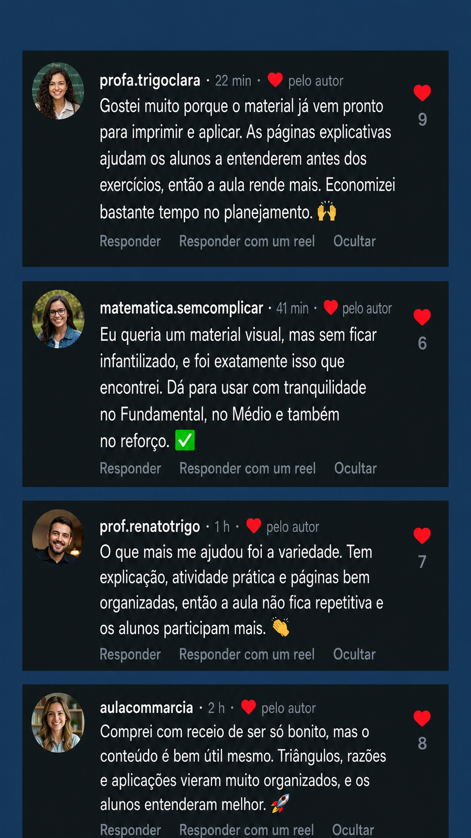 Depoimento em comentários de professoras sobre Trigonometria Visual
